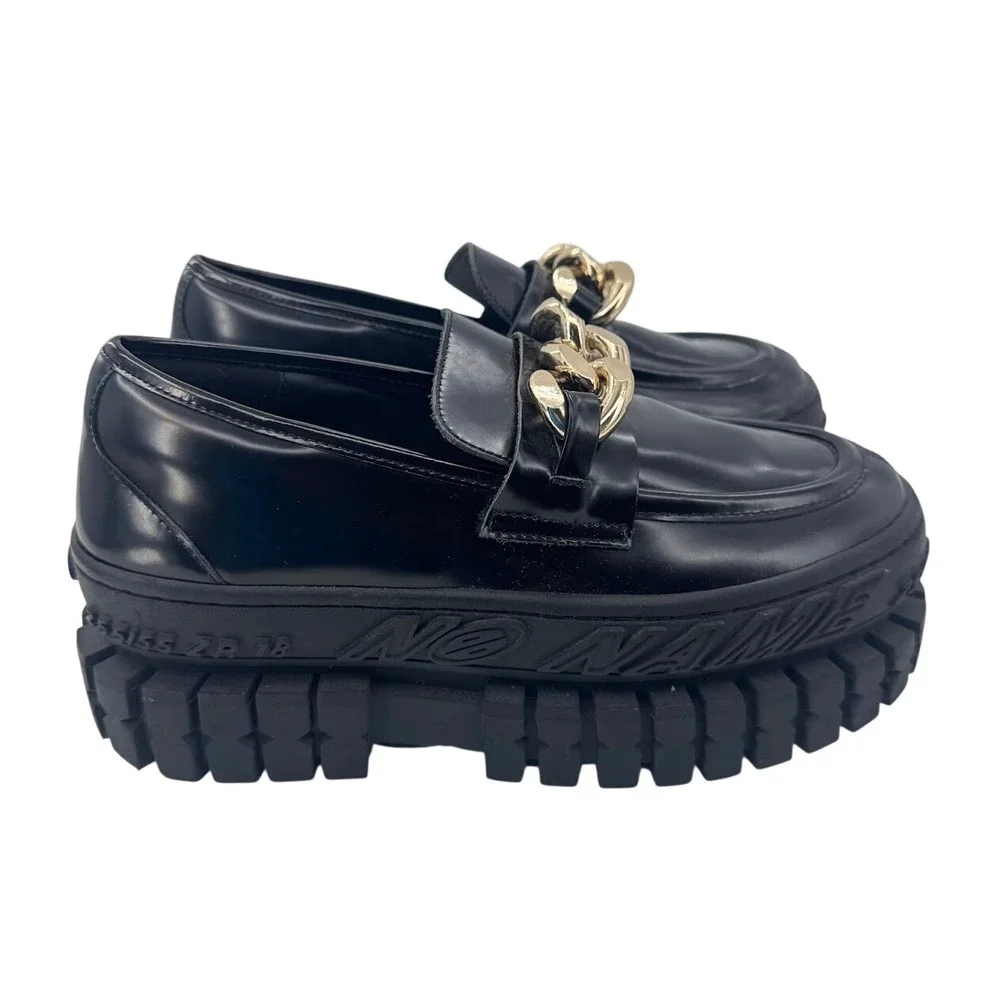 No Name Loafer Black Chunky Platform Lug Sole Gold Chain EU 39 Womens